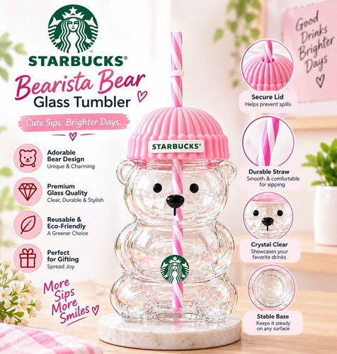 Bear glass tumbler - glass, pink