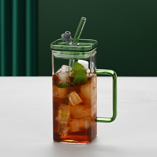 Glass straw cup green with - green,